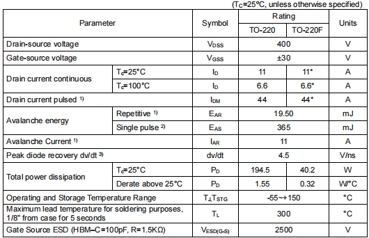 11n40c,400v11a場(chǎng)效應(yīng)管